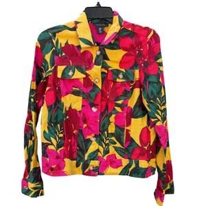 Tahari Womens Small Linen Blend Floral Trucker Jacket Multicolor Tropical Bright